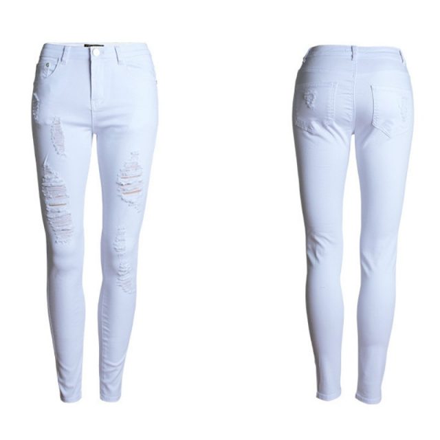 High Waist White Jeans for Women Fashion Ripped Skinny Jeans Hole Scratched Leisure Slim Push Up Trousers Mujer Distressed Denim