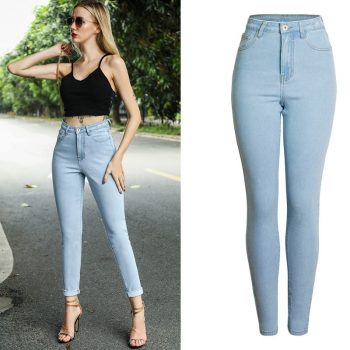 2019 Spring High Waist Skinny Jeans Women Light Blue High Street Slim Push Up Pencil Pants Washed Vintage Alopette Femme En Jean