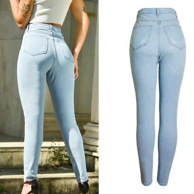 2019 Spring High Waist Skinny Jeans Women Light Blue High Street Slim Push Up Pencil Pants Washed Vintage Alopette Femme En Jean