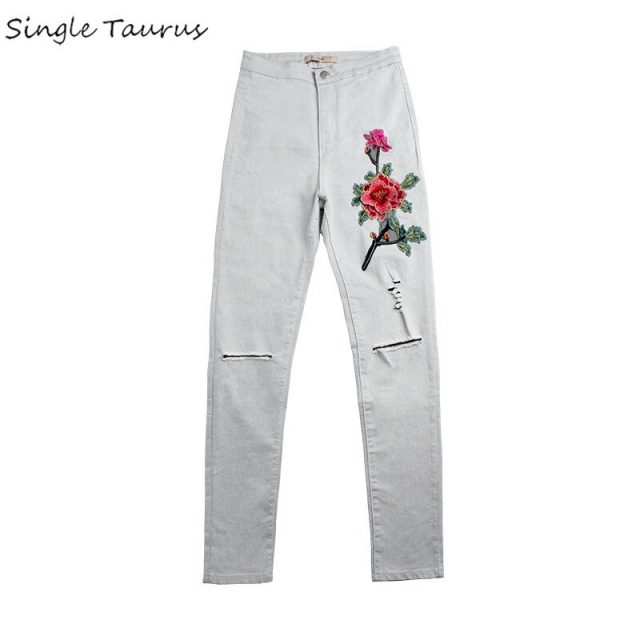 Embroidered Jeans for Women Flowers Print Fashion Hole Skinny Jeans Woman Slim Push Up Gray Vaqueros Mujer Jean Taille Haute