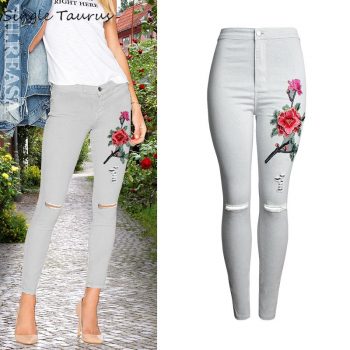 Embroidered Jeans for Women Flowers Print Fashion Hole Skinny Jeans Woman Slim Push Up Gray Vaqueros Mujer Jean Taille Haute