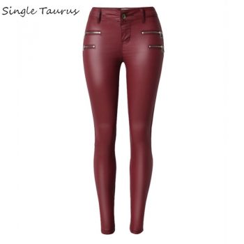 Low Waist PU Leather Pants Women Double Zipper Skinny Jeans Femme High Stretch Push Up Pants Feminino Wine Red Pantalon Femme