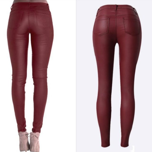Low Waist PU Leather Pants Women Double Zipper Skinny Jeans Femme High Stretch Push Up Pants Feminino Wine Red Pantalon Femme