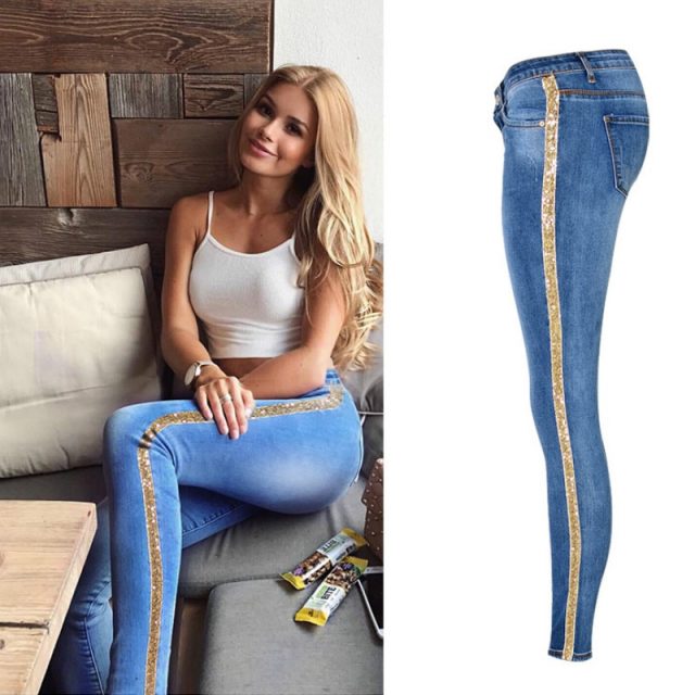 2019 Spring New Low Waist Metal Side Stripe Jeans Women Cotton Denim Slim Skinny Pencil Pants Mujer Embroidered Sequins Trousers