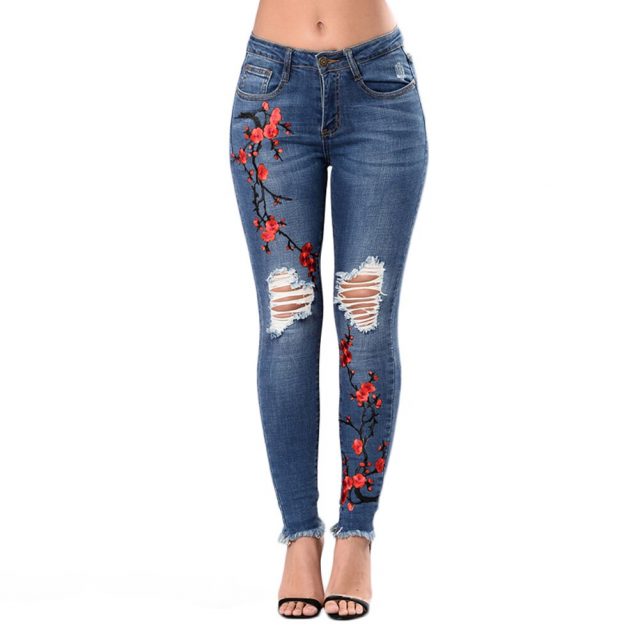 Women Embroidery Jeans Pants Skinny Ripped High Waist Stretch Pencil Denim Trousers NGD88