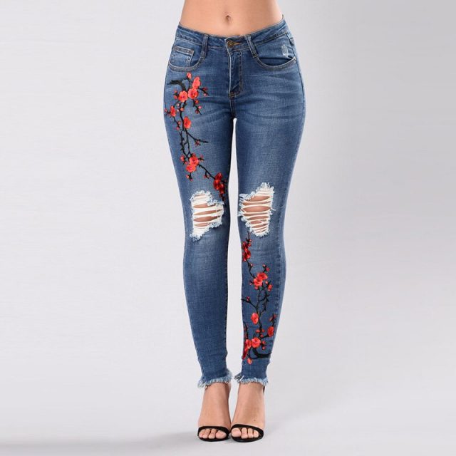 Women Embroidery Jeans Pants Skinny Ripped High Waist Stretch Pencil Denim Trousers NGD88