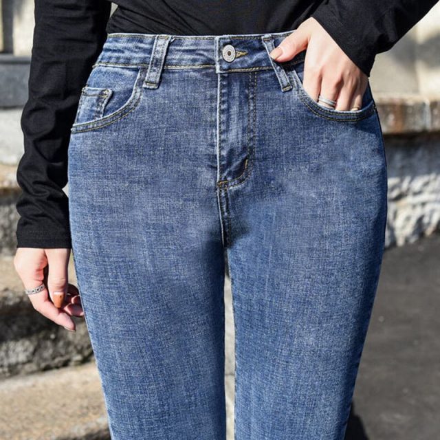 Women Jeans High Waist Skinny Long Pencil Trousers Split Leg Hem Casual NGD88