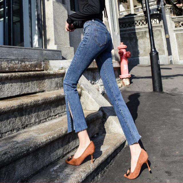 Women Jeans High Waist Skinny Long Pencil Trousers Split Leg Hem Casual NGD88