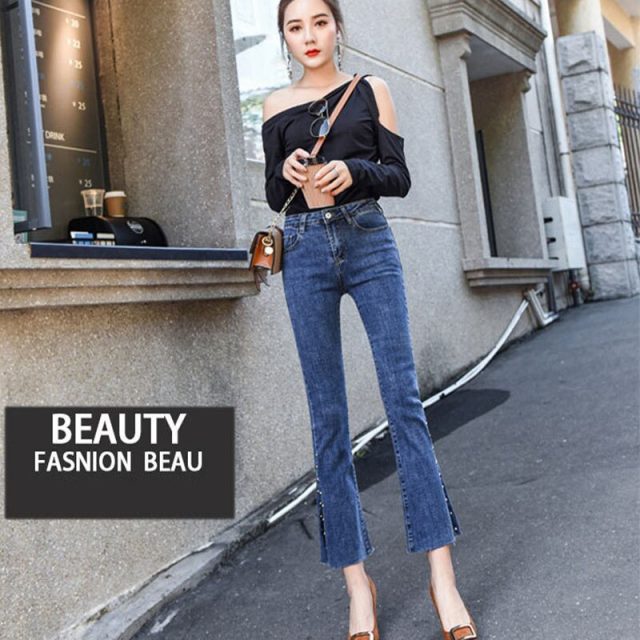 Women Jeans High Waist Skinny Long Pencil Trousers Split Leg Hem Casual NGD88