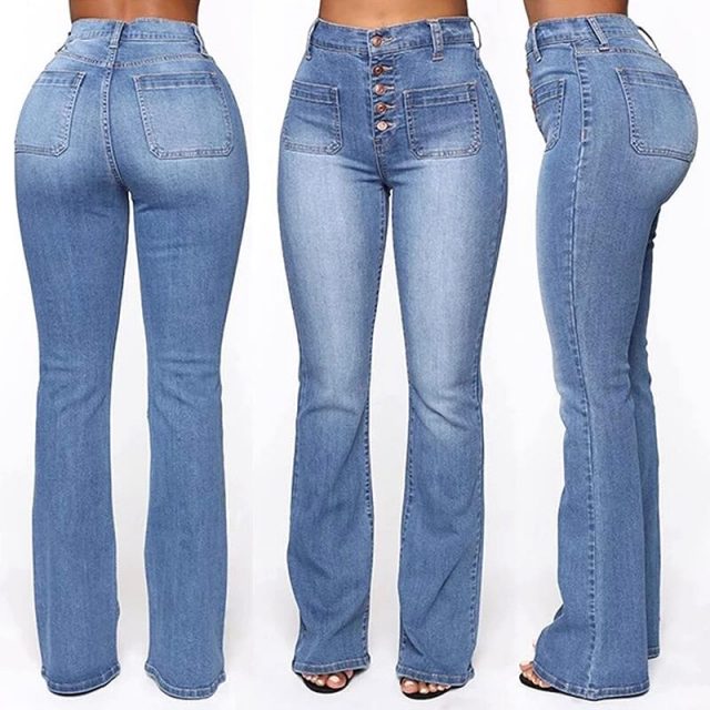 Washed High Waist Button Boot-cut Jeans Women Casual Long Pants Trousers NGD88