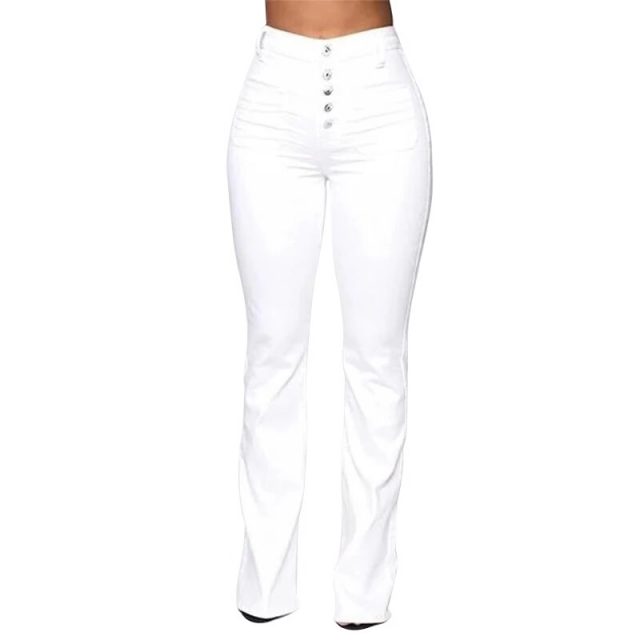 Washed High Waist Button Boot-cut Jeans Women Casual Long Pants Trousers NGD88