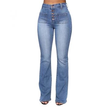 Washed High Waist Button Boot-cut Jeans Women Casual Long Pants Trousers NGD88