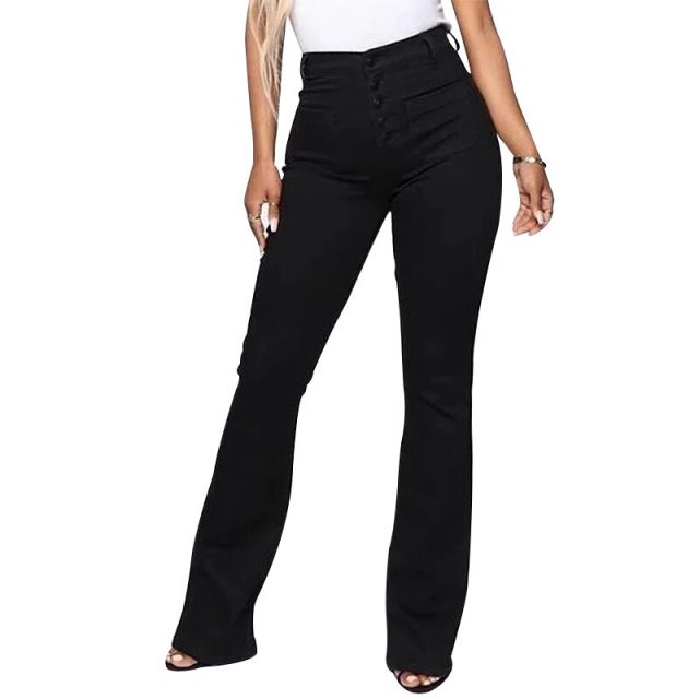Washed High Waist Button Boot-cut Jeans Women Casual Long Pants Trousers NGD88