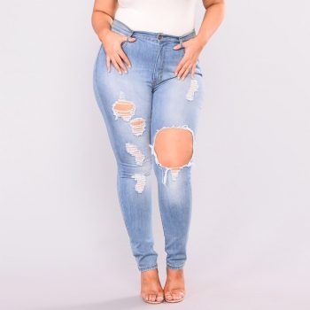 Women Hole Jeans Plus Size Slim Fit Bodycon Casual Denim Pants for Summer NGD88