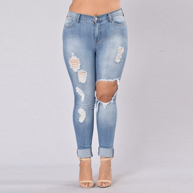 Women Hole Jeans Plus Size Slim Fit Bodycon Casual Denim Pants for Summer NGD88