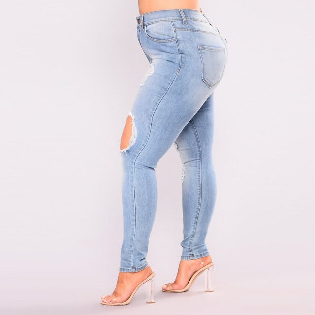 Women Hole Jeans Plus Size Slim Fit Bodycon Casual Denim Pants for Summer NGD88