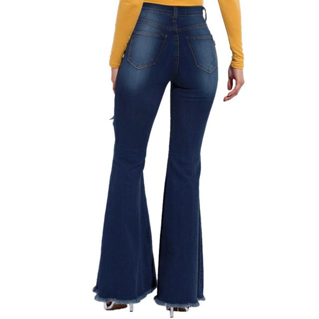 Women Bell Bottom Jeans Pants High Waist Stretchy Knee Ripped Denim Trousers NGD88