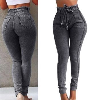 Ladies Elastic Slim Fringe Belt High Waist Jeans Casual Fashion Jeans NGD88