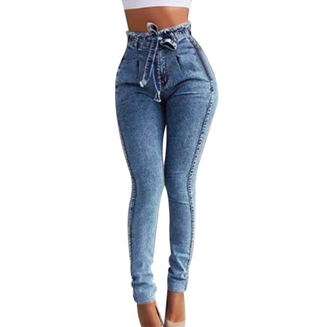 Ladies Elastic Slim Fringe Belt High Waist Jeans Casual Fashion Jeans NGD88