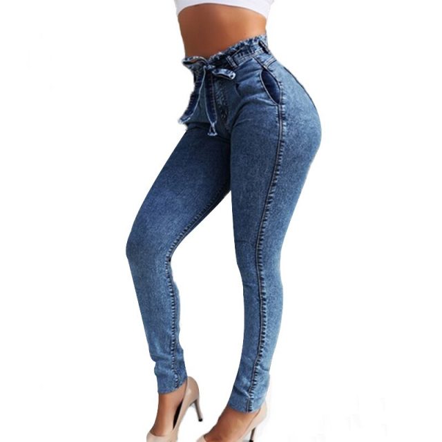 Ladies Elastic Slim Fringe Belt High Waist Jeans Casual Fashion Jeans NGD88
