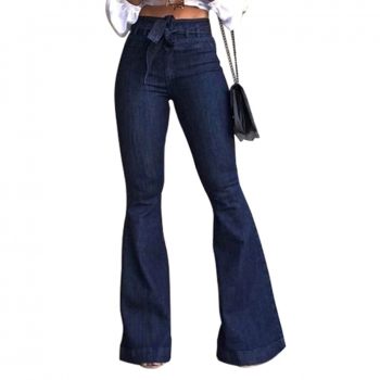 Women High Waist Jeans Micro-elastic Flared Lace-up Comfortable Jeans Trousers  NGD88