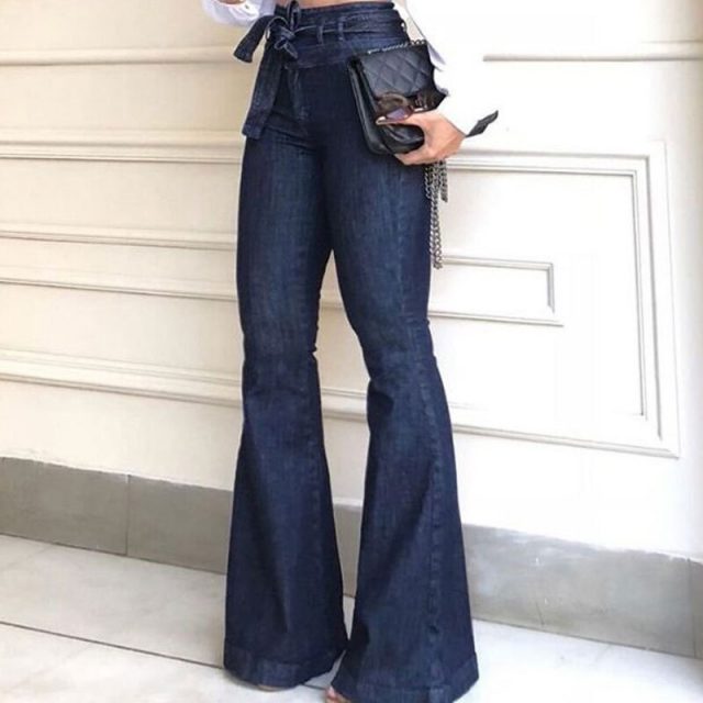 Women High Waist Jeans Micro-elastic Flared Lace-up Comfortable Jeans Trousers  NGD88