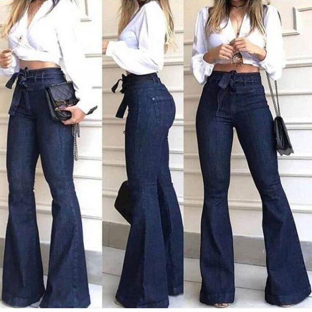 Women High Waist Jeans Micro-elastic Flared Lace-up Comfortable Jeans Trousers  NGD88