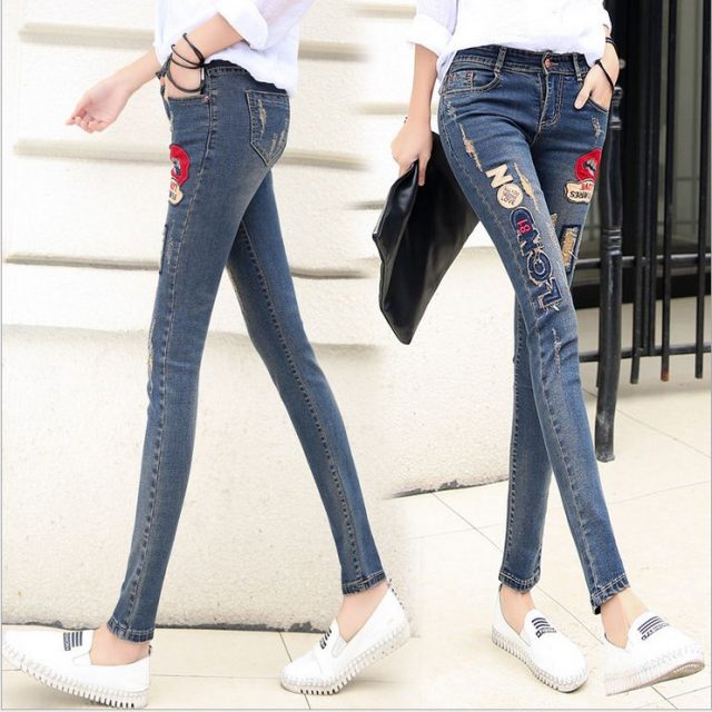 2016 New Lip Denim Pants Ripped Hole Elastic Ladies Skinny Pencil Pantsembroidery Lips Letter Jeans Trousers For Women