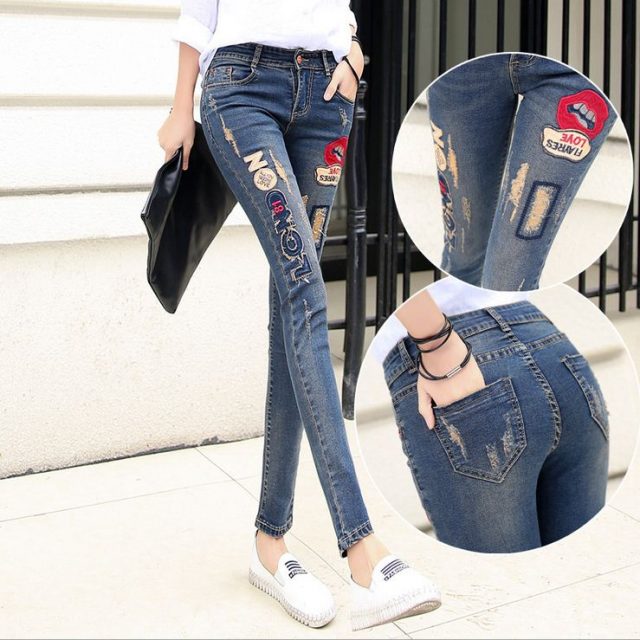 2016 New Lip Denim Pants Ripped Hole Elastic Ladies Skinny Pencil Pantsembroidery Lips Letter Jeans Trousers For Women