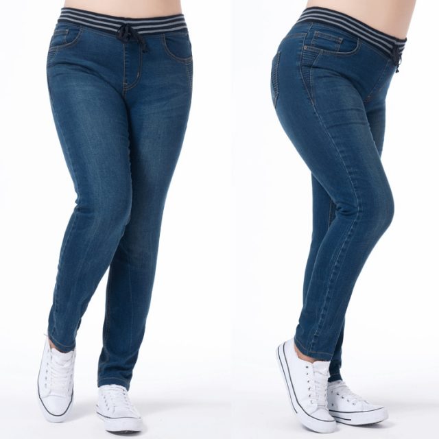TUHAO Jeans Woman Large Size Women Plus Size Jenas 5XL 6XL 7XL Pencil Pants Elastic Waist Casual Trousers Cotton Blue PT25