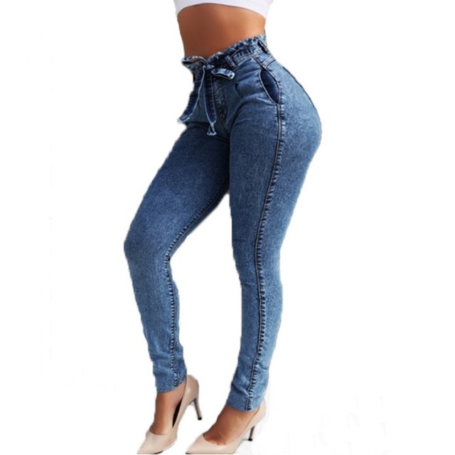 2019 new European and American women’s classic jeans Slim stretch tassel belt high waist jeans women