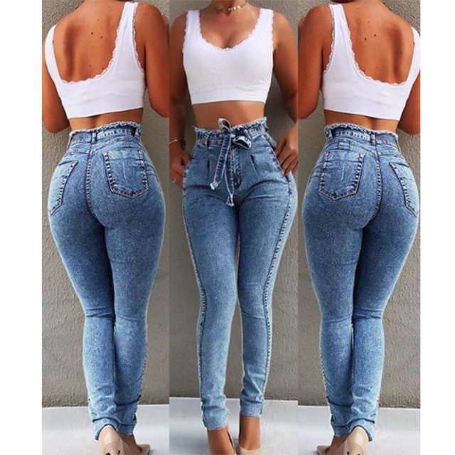 2019 new European and American women’s classic jeans Slim stretch tassel belt high waist jeans women