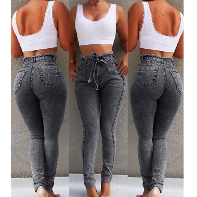 2019 new European and American women’s classic jeans Slim stretch tassel belt high waist jeans women