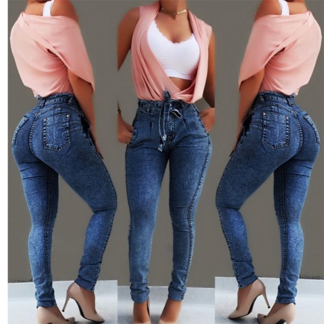 2019 new European and American women’s classic jeans Slim stretch tassel belt high waist jeans women