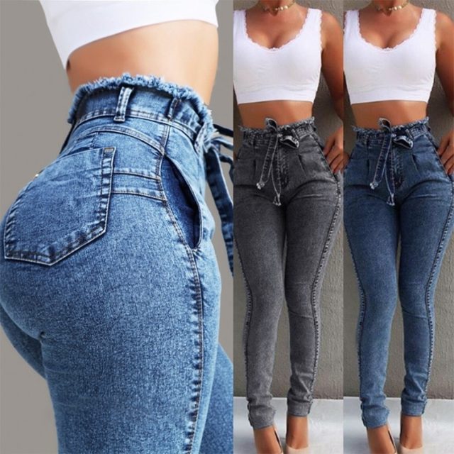 2019 new European and American women’s classic jeans Slim stretch tassel belt high waist jeans women
