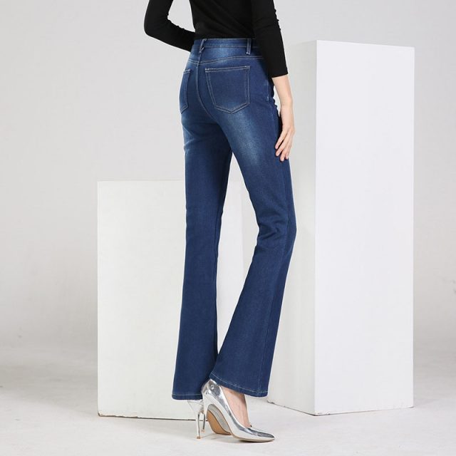 FERZIGE 2019 New Winter Warm Jeans Woman High Waist  Embroidery Trousers Female Elastic Skinny Jeans Flare Pants Blue Plus Size