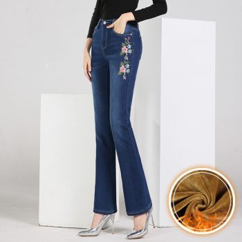 FERZIGE 2019 New Winter Warm Jeans Woman High Waist  Embroidery Trousers Female Elastic Skinny Jeans Flare Pants Blue Plus Size