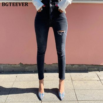 BGTEEVER High Waist Skinny Jeans Women Streetwear Ripped Holes Pencil Jeans Female Denim Jeans Stretch Denim Pants femme 2019