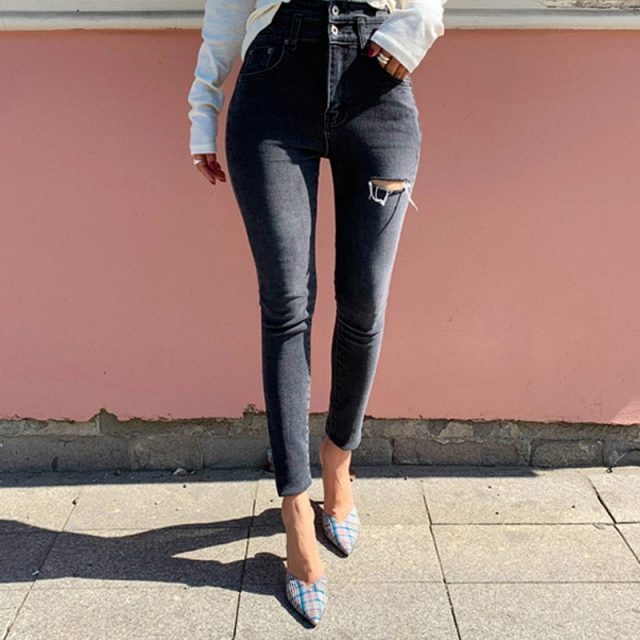 BGTEEVER High Waist Skinny Jeans Women Streetwear Ripped Holes Pencil Jeans Female Denim Jeans Stretch Denim Pants femme 2019