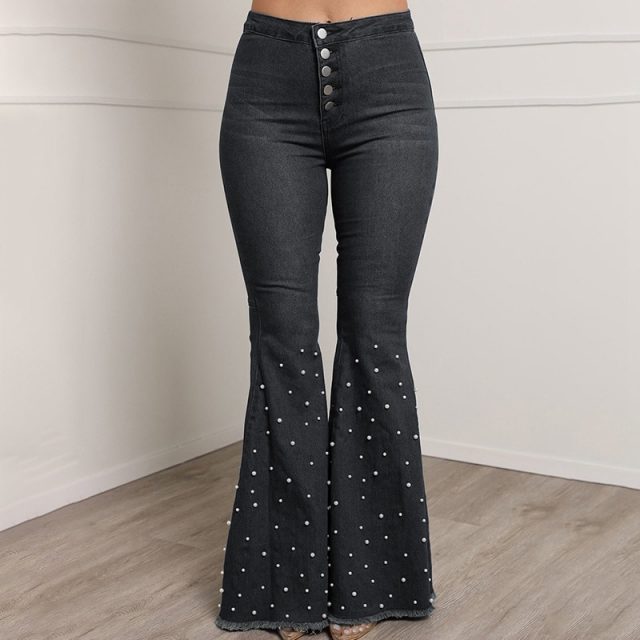 Beaded Denim flare jeans Women high waist elastic skinny jeans Wide Leg Trousers ladies Casual bell bottom jeans Pants plus size