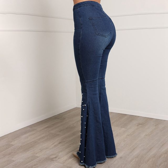 Beaded Denim flare jeans Women high waist elastic skinny jeans Wide Leg Trousers ladies Casual bell bottom jeans Pants plus size