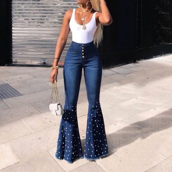 Beaded Denim flare jeans Women high waist elastic skinny jeans Wide Leg Trousers ladies Casual bell bottom jeans Pants plus size