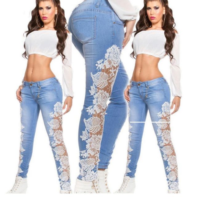 Lace Jeans for Women embroider Pencil pants for Daily beach skinny hole high street Denim pants ouc2478