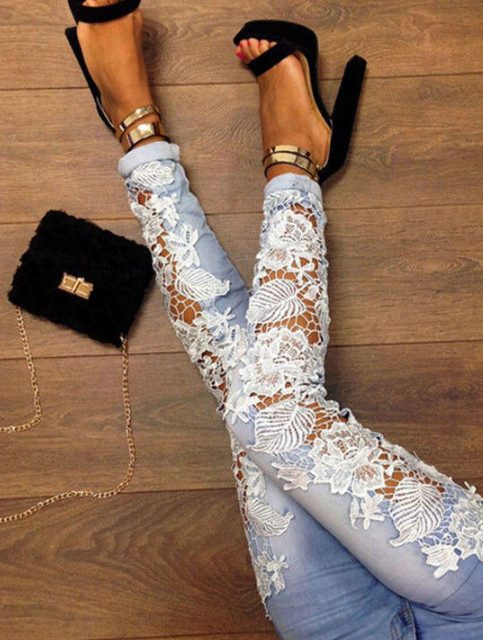 Lace Jeans for Women embroider Pencil pants for Daily beach skinny hole high street Denim pants ouc2478