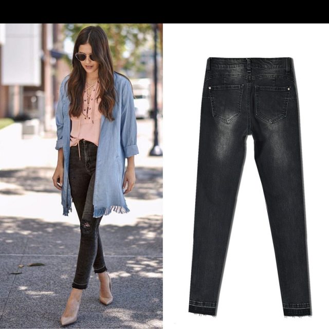 2019 Autumn winter fashion high waist slim stretch gray-black nine points jeans women casual tassel ripped jeans for women K198