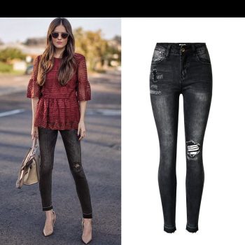 2019 Autumn winter fashion high waist slim stretch gray-black nine points jeans women casual tassel ripped jeans for women K198