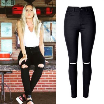 Fashion Ladies Army Green/White/Black Ripped Jeans Women High Waist Jeans Femme Stretch Noir slim Jean taille haute Denim Pants