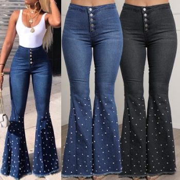 Women High Waist Denim Jeans Stretch Beading Boot Cut Button Jean Femme Plus Size Pants
