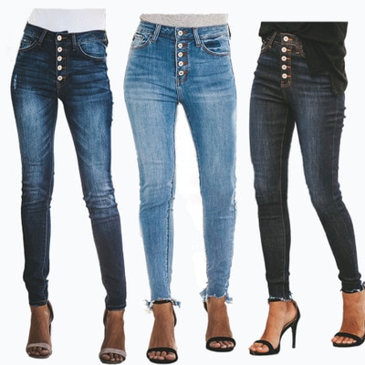Women High Waist Stretch Denim Jeans Button Skinny Slim Casual Pencil Pants Ladies Trousers