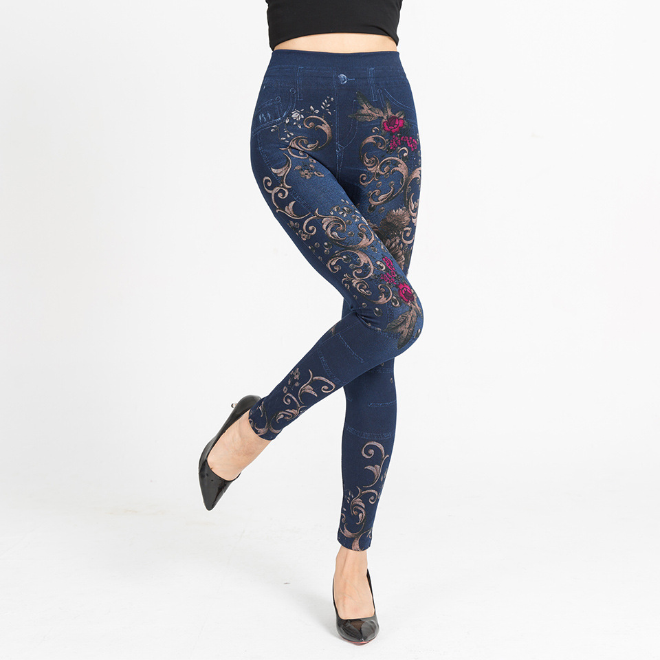 Ladies Floral Print Faux Denim Leggings Butterfly Printing High Waist Elastic Jeans Leggings Push Up Skinny Pants Leeging Femme Ladies Floral Print Faux Denim Leggings Butterfly Printing High Waist Elastic Jeans Leggings Push Up Skinny Pants Leeging Femme